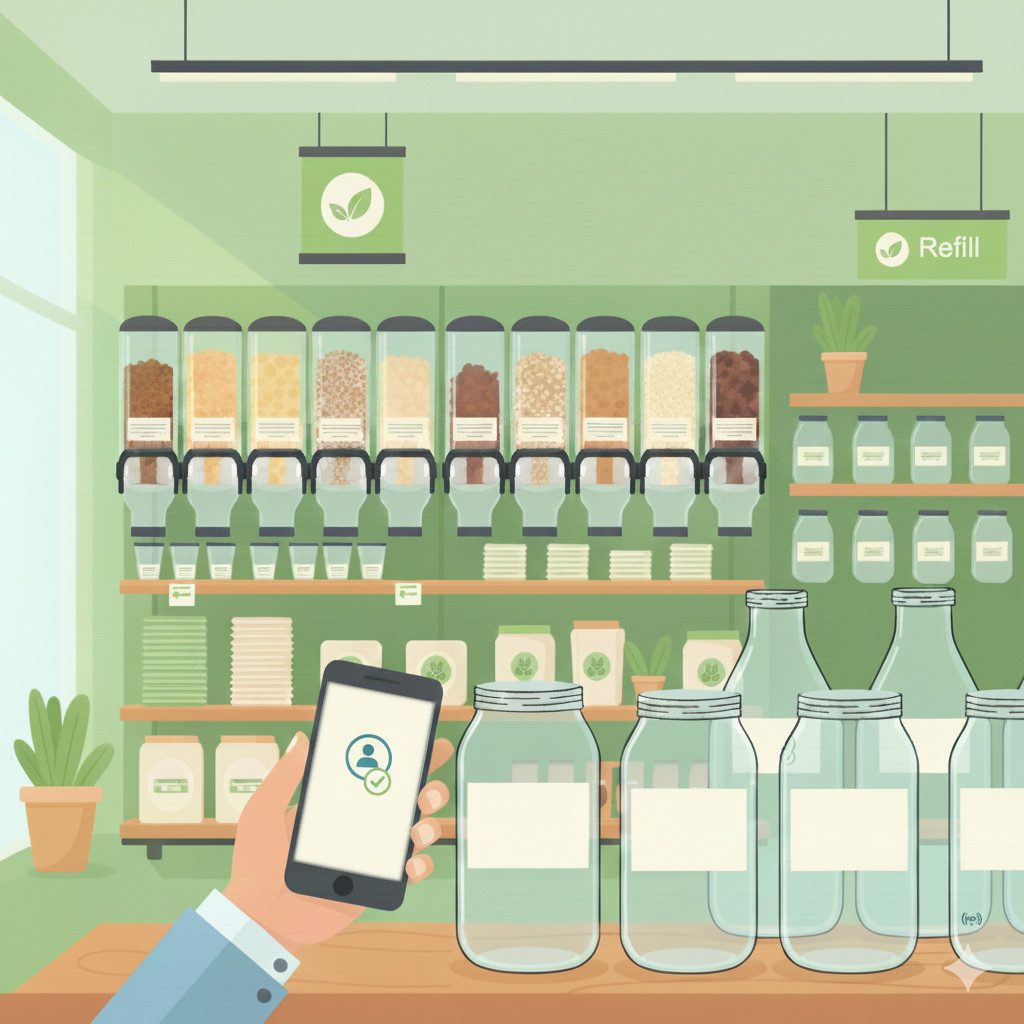 Customer registering and picking up VracLoop container from shelf