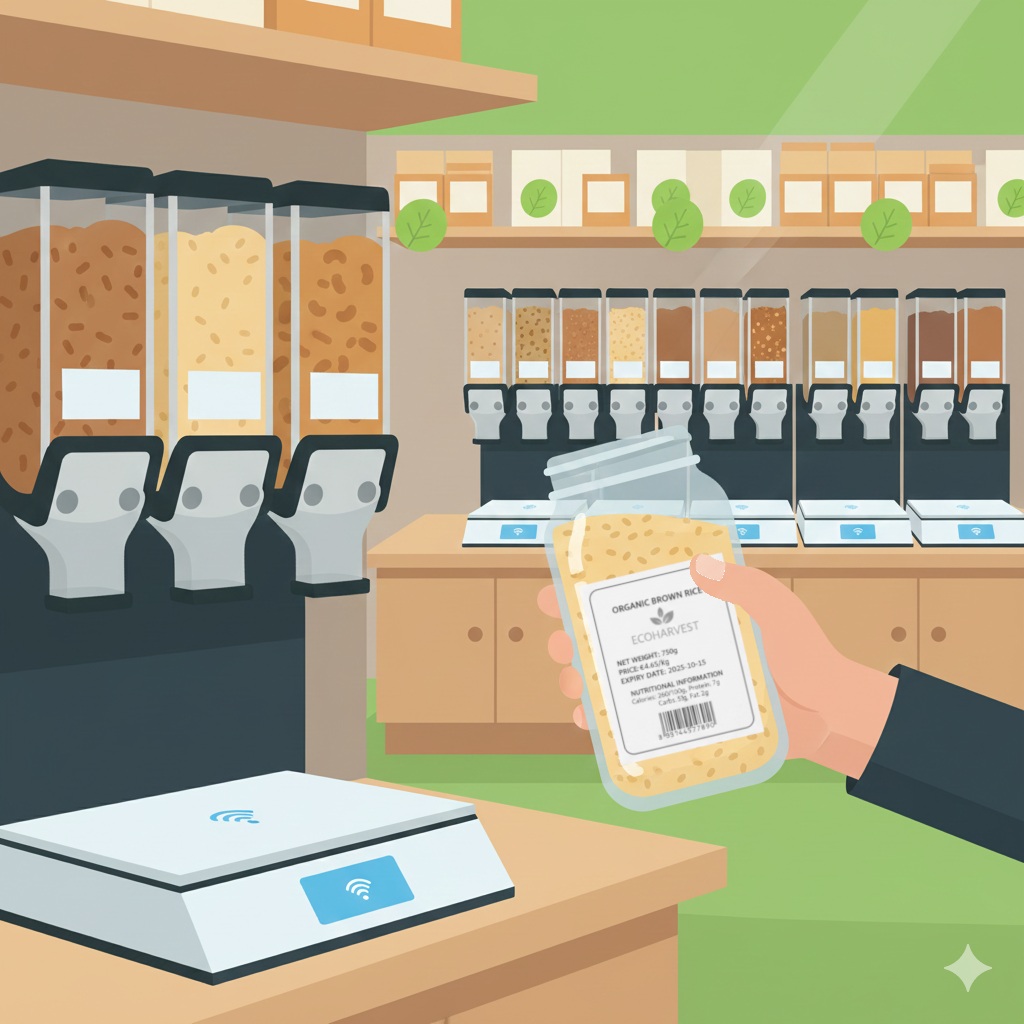 Customer filling container at bulk dispenser and placing on smart weighing station