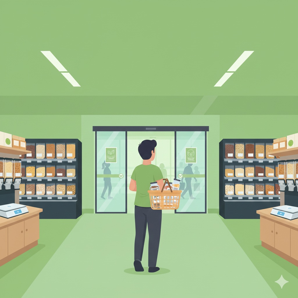 Customer leaving store with VracLoop containers, no checkout required