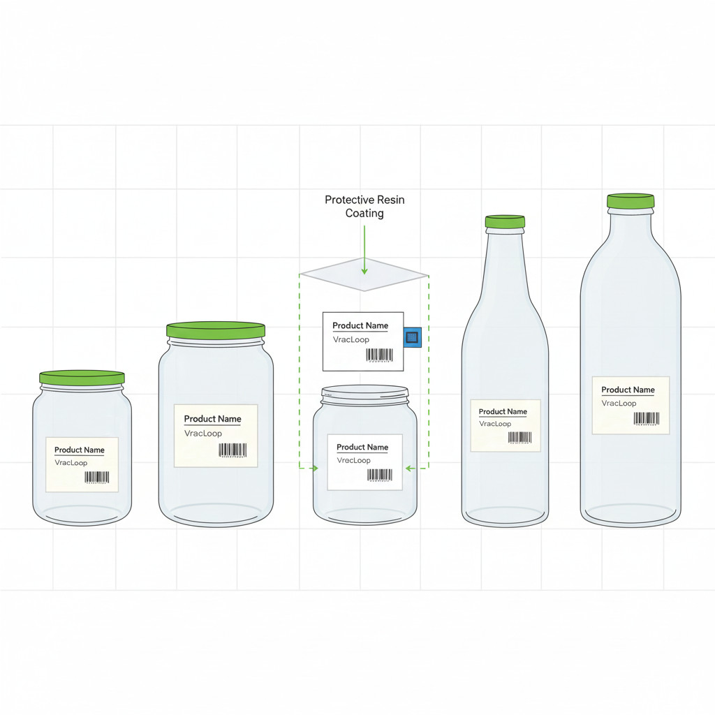 Exploded view of VracLoop intelligent container showing jar, e-ink display, RFID microcontroller, and embedded electronics